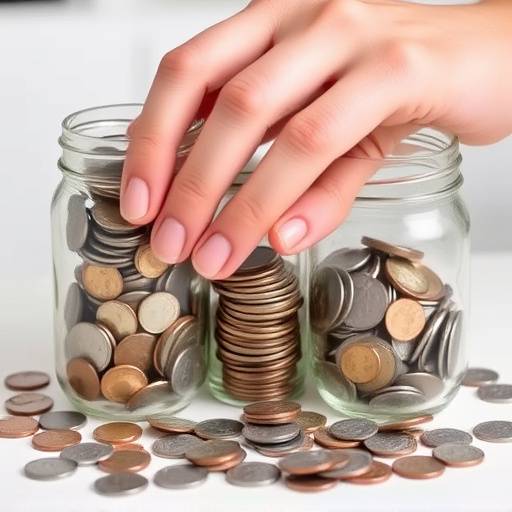 A hand carefully organizing coins into different jars, representing different savings goals.