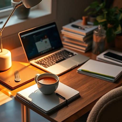An organized workspace with a laptop, notebook, and a calming cup of tea, symbolizing focused and intentional work.