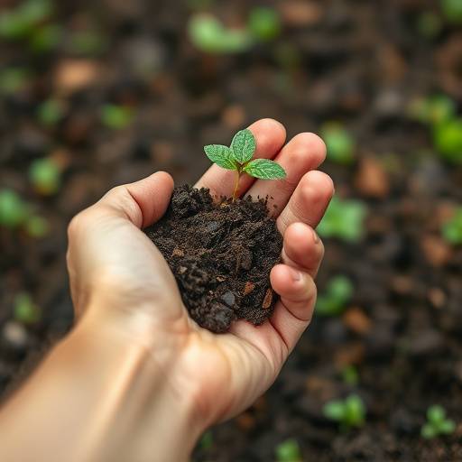 Close up of a hand holding a seed in soil.